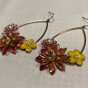 Colorful Floral Earrings with Teardrop Hoops